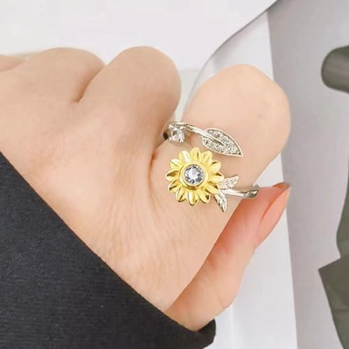 925 Sterling Silver Sunflower Ring Open Adjustable Statement Rings Handmade Boho Thumb Band Ring for Women Girls