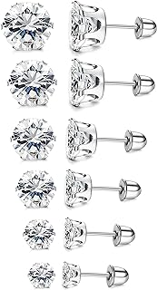 Classy Stainless Steel Clear Cubic Zirconia Stud Earrings with Push Back for Women, Variety Pack of 6 Pairs in Different Sizes