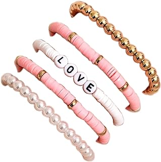 Fuqimanman2020 5 Pcs Bohemian Colorful Clay Beaded Stackable Bracelets Set Handmade Polymer Clay Faux Pearl Beads Love Bracelets for Women Girls Jewelry
