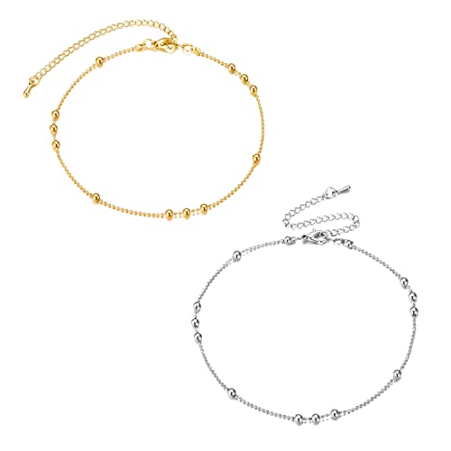 2Pcs 14K Gold Plated Boho Cute Chain Anklets for Women Silver Ankle Bracelet for Women, Charm Foot Jewelry