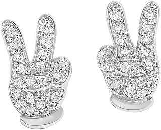 Jewelili Disney Jewels Mickey Mouse 1/6 CTTW Diamond "Peace Sign" Mickey Hands Stud Earrings Sterling Silver