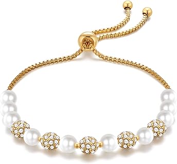 White Pearl Beaded Slider Bracelet for Women Gold Bead Bracelet with CZ Adjustable Snake Chain bracelet for Birthday Gift