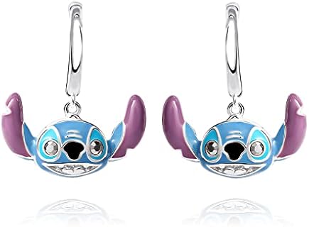 Disney Womens Stitch Earrings Official License, Sterling Silver Stitch Charm Small Hoop Earrings