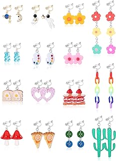 JeryWe 15 Pair Plastic & Zinc Clip On Earrings with Cubic Zirconia - Non Pierced Novelty Dangle Earrings Set for Women and Girls Using Rubber Pads