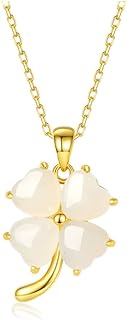 Sterling Silver Chain No-Clasp Natural White Jade Four Leaf Clover Pendant Necklace for Women