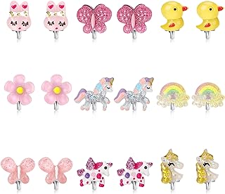 9-Pair Set of Girl's Clip-On Earrings with Push-Back Findings - Non-Pierced Unicorn and Butterfly Designs for Ages 3-10 - Perfect Birthday Gift