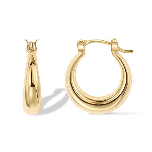 14K Gold Plated Sterling Silver Post Chunky Hoops | Thick Lightweight Gold Hoop Earrings for Women
