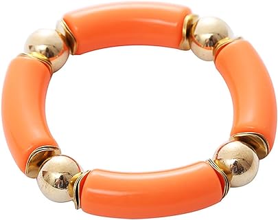 Caiyao Gold Plated Beaded Acrylic Bamboo Tube Bangle Bracelets for Women, Colorful Chunky Curved Tube With Gold Pieces Beads Stretch Bracelet Friendship Summer Beach Jewelry