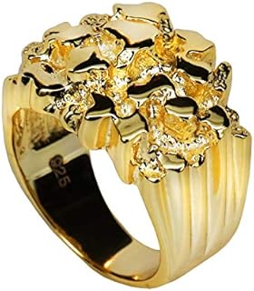 14K Yellow Gold Plated Sterling Silver Men's Gold Nugget Diamond Ring for Pinky/Middle/Ring Finger, Sizes 7-13