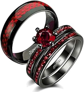 Two Rings His and Hers Wedding Ring Sets Couples Rings Women's 2PC Black Gold Filled Red Agate Cubic Zirconia Wedding Engagement Ring Bridal Sets & Men's Tungsten Carbide Wedding Band