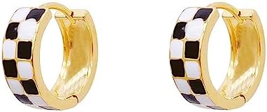 Chic Checker Small Hoop Cartilage Earrings for Women Girls Dainty 925 Sterling Silver Post 14K Gold Plated Tiny Round Circle Huggie Hoops White Black Enamel Hypoallergenic Hooped Gifts Her Birthday Bff