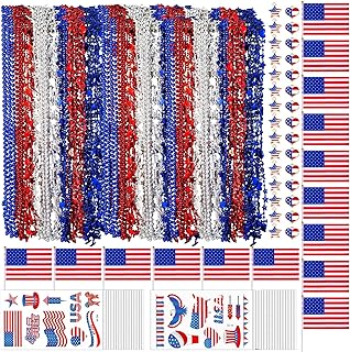 Sureio 133 Pcs Metallic Patriotic Beads Bulk 4th of July Red White Blue Beads Necklaces Independence Day Necklaces Parade Party Favor Memorial Day Decoration Set Tattoo Stickers American Flag
