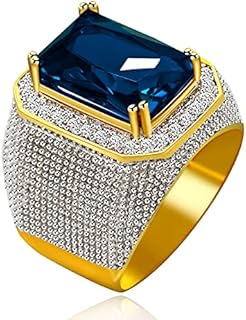 Uloveido Men's Gold Plated Emerald Cut Simulated Onyx Ring Wedding Band Super Big CZ Hip Hop Rings RA408