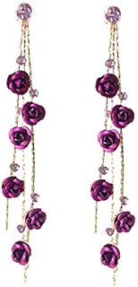 Red Rose Tassel Long Drop Earring 3D Rose Flower Drop Earrings CZ Crystal Rhinestone Rose Fashion Statement Dangle Earrings Purple Flower Tassel Earring Jewelry Bar Party Gifts for Women Girls