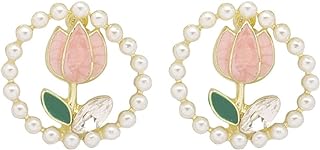 Gold-plated Push-back Pink Pearl Hoop Earrings for Women and Teen Girls - Elegant Tulip Design Jewelry