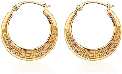 10K Yellow Gold 2X20mm Greek Key Design Hoop Earrings with French Lock - Classic Everyday Accessory for Women