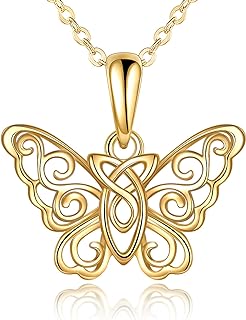 14k Yellow Gold Butterfly Pendant Necklace with Gold Chain for Women - Fine Detailed Celtic Knot Design