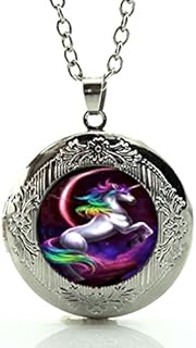 Silver Tone Unicorn Horse Rainbow Locket Pendant Necklace Glass Cabochon Art Picture Fashion Jewelry