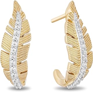 10K Yellow Gold Post-With-Friction-Back Diamond Feather Stud Earrings for Women, Jewelili Enchanted Disney Fine Jewelry Pocahontas Round Design