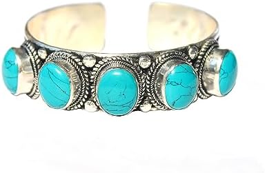 Ornate 5-Stone Blue Stabilized-Turquoise Adjustable Cuff Bracelet | Multi-Stone Jewelry for Men & women