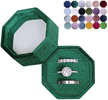 BLUTETE Velvet 3 Slots Jewelry Ring Box Engagement Wedding Box Keepsake Box Bridal Photo Ring Triple Slots Octagon (Dark Emerald)