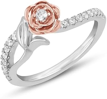 Jewelili Enchanted Disney Fine Jewelry Sterling Silver and 10K Rose Gold With 1/5 Cttw Diamond Belle Rose Ring