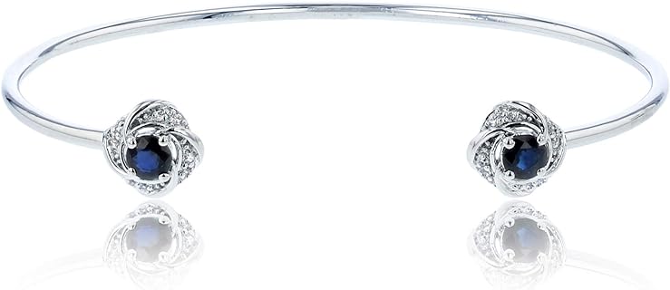 Sterling Silver Box Chain Bangle Bracelet with Sapphire & Cubic Zirconia Knot Design for Women