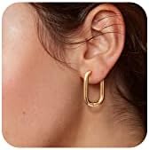 Chunky Gold Hoop Earrings for Women, Dainty Gold Hoops Earrings 14K Gold Plated Lightweight Teardrop Square Earrings Hypoallergenic Minimalist Drop Earrings for Women Trendy Gold Jewelry