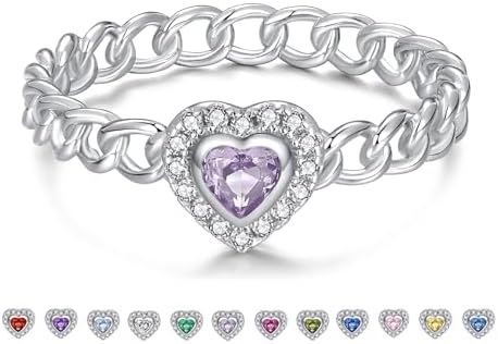 Sterling Silver Cuban Link June Birthstone Rings with Cubic Zirconia for Women and Teens, Size 4 - Stackable Heart Design Jewelry Gift