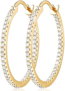 Dual-Sided Cubic Zirconia 14K Yellow Gold Hoop Earrings with French Wire Back Finding for Women in 15mm, 20mm, 30mm - Hypoallergenic and Perfect for All Occasions