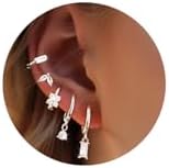 Stackable 14K Gold-Plated Push-Back Stud & Huggie Hoop Earring Set with Cubic Zirconia for Multiple Piercings - Hypoallergenic Silver and Green Design