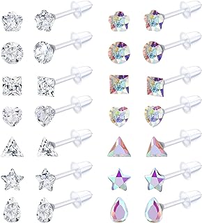 LOLIAS 14Pairs Clear Plastic Earrings Stud Earrings for Women Rhinestone Acrylic Stud Earrings Clear Piercing Retainer for Sport Work