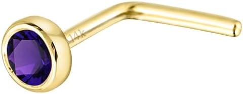 Jewelry Avalanche Solid 14K Gold L-Shape Stud Bezel Set Amethyst 22G L-Bend Nose Stud - 14K White Gold / 14K Yellow Gold February Birthstone Nose Ring Stud