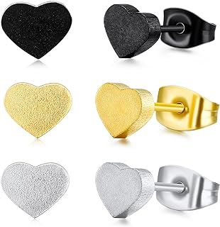 3 Pairs Heart Stud Earrings for Women Girls, Flat Back Titanium Earrings Hypoallergenic Heart Shaped Earrings Cute Trendy Earring Stud-Black/Silver/Gold