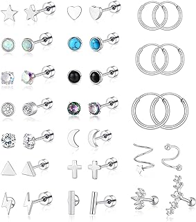 PLOMFOV 20G Stainless Steel Stud Earrings for Women Men CZ Heart Star Moon Flat Back Earrings Cartilage Earrings Stud Hoops Helix Tragus Daith Earrings Piercing Jewelry