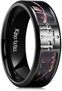 Titanium Black/Silver Faith-Inspired Cross Ring with Brown Camo Inlay for Men, Comfort Fit Sizes 7-14 - King Will's Wedding Band Collection