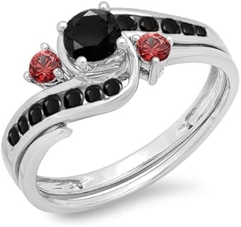 Dazzlingrock Collection 10K Gold Black Diamond & Red Ruby Side Stones Ladies Swirl Bridal Engagement Ring Set