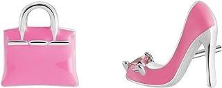 Pink Heel CZ Heart and Designer Purse Stud Earrings Mismatch Feminist Jewelry, Enamel & 925 Sterling Silver Posts