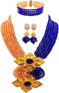 Nigerian Glass Crystal Bead Necklace Set With Toggle Clasp For Women - Gold AB Royal Blue Design