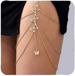 Body Chain Jewelry for Women Boho Thigh Chain Leg Chain Jewelry Rhinestone Thigh Harness Stretch Body Jewelry for Nightclub Beach Summer Outfits(Gold Butterfly)