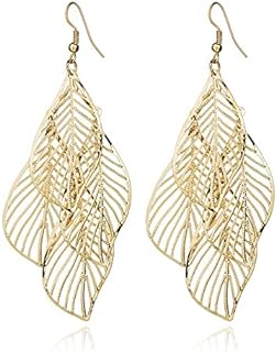 Bohemian Layered Hollowed-Out Leaf Dangle Earrings with French Wire Backs for Women, Handcrafted in Silver & Gold Plated Zinc