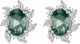 Earship Moss Agate Studs Earrings for Women 925 Sterling Silver Moss Studs Earrings Moss Agate Jewelry for Girls Mom Birthday Anniversary Mother's Day Green Stud Earrings Gifts