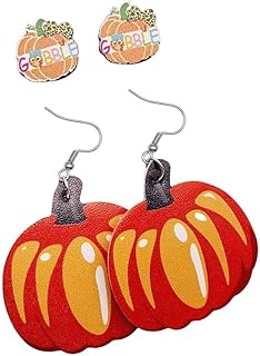 2 Pairs Fall Cute Wooden Stud Earrings Leather Earrings Pumpkin Turkey Pine Cone Teardrop Dangle Earrings Lightweight Leather Drop Earring Thanksgiving Gift