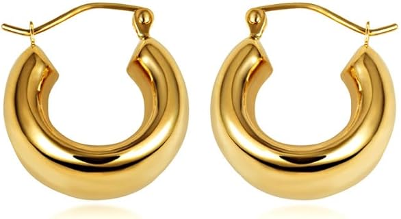 10K-14K Yellow Gold Thick Tube Hoop Earrings with Click-in Top for Women and Girls - Bold High Polish Design, 4-6mm Thick and 17-20mm Diameters