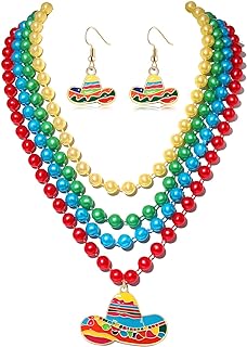 Cinco De Mayo Necklace for Women Beaded Necklace Enamel Sombrero Pinata Chili Pepper Pendant Necklace Fiesta Mexican Holiday Jewelry Gifts