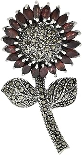 Sterling Silver Marcasite Large Sunflower Brooch Pin w/Marquise Cut Garnet Stones 2 1/2 inch (62 mm) tall