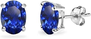Oval-Cut Created Blue Sapphire Stud Earrings with Push Back in Sterling Silver for Women, Teens & Girls