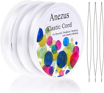 Silver Elastic Beading Cord for Bracelets in White with Large Eye Beading Needles by anezus, Perfect for Jewelry Making