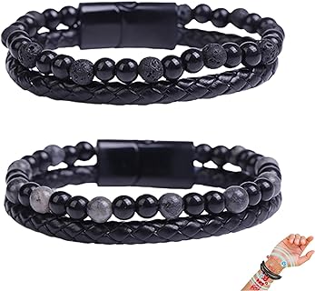 Stainless Steel Clasp Natural Agate Stone Leather Beaded Bracelet for Men and Women in Unique Multilayered Design