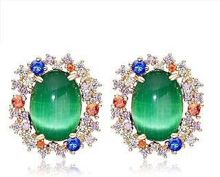 Women's 925 Sterling Silver Colorful Opal Stud Earrings with Latch Back, Gold Oval Crystal Design, Hypoallergenic